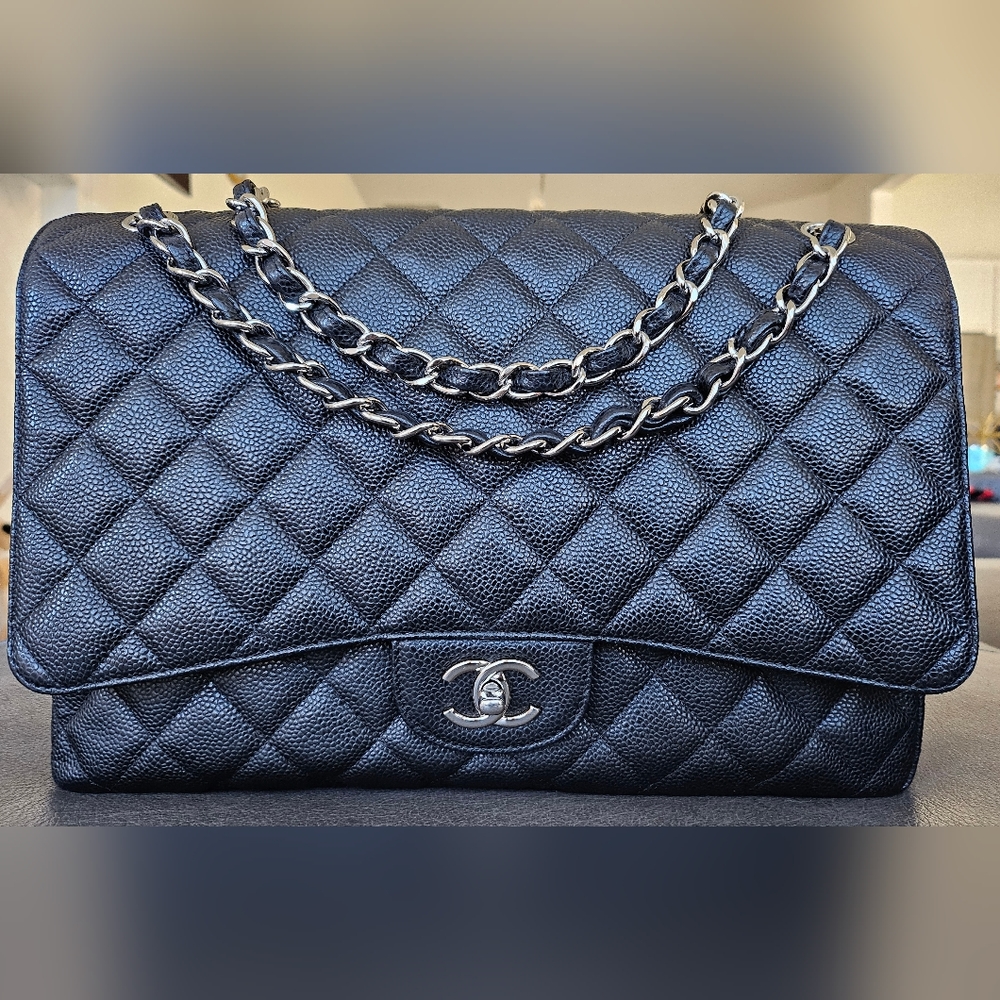 Chanel Classic Maxi Single Flap Black Caviar Silver Hardware